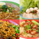 Four ethnic races living together means an astonishing variety of food. Here are four Singaporean ways of cooking noodles. Clockwise from top left: Mee Rebus, Teochew Fish Ball Noodles, Mee Goreng, and Wanton Noodles.