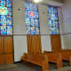 Beautiful stained glass windows inside the chapel at Houston National Cemetery