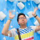 The author being drizzled with falling marshmallows