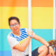 The author sitting on the chocopop (all trembling inside in fear of falling down)