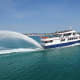 Star Line Mackinac Island Hydro-Jet Ferry Marquette II leaving the Mackinaw City Dock to Mackinac Island, Michigan
