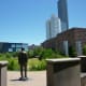 Statue of George H.W. Bush appearing to gaze at downtown Houston