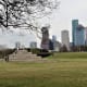 View of the Houston Police Officers' Memorial and downtown buildings