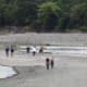 Hikers on Bar Island Trail at low tide closer to Bar Island.