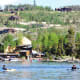View of Grand Lake, Colorado from a pontoon boat on Grand Lake.