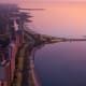 Aerial view of Lake Shore Drive in Chicago at sunrise.