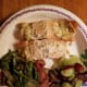 Baked Salmon topped with Alloette Smear Cheese, Asperagas with Bacon and oninons, sliced grapes.