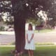 Sarah was very pleased that my wedding dress fit her and she is modeling it here in our front yard in Newbury Park.