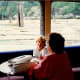Inside the Britannia looking out at the lumber being held in the water.