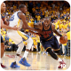 Lebron James drives to the hoop while Kevin Durant defends.