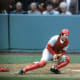 Johnny Bench attempts to make a tag during Game 1.