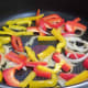 Saute the peppers with the onions