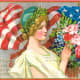 Free vintage post cards for Memorial Day: Woman with American flag and flowers