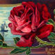 vintage birthday card: red rose with sea and ship scene "A Happy Birthday"