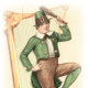 Vintage St. Patrick's Day clip art -- Irish lad dancing in front of harp with shamrocks