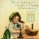 Vintage kids: Little girl dressed for St. Patrick's Day talking on an antique phone "Here's wishing you a bright and happy St. Patrick's Day"