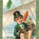 Vintage children: Little boy in green jacket and green top hat flying an airplane "I bid you top 'o the mornin'"