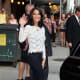 Olivia Munn outside the Late Show in dark denim and high heel booties