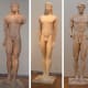 Archaic period Kouroi, "youths," show how Greek sculptors borrowed from Egypt and slowly developed a new Greek style. Here are: Sounian Kouros, c. 600 BCE, Kouros from Melos, c. 550 BCE, "Aristodikos", c 520-480 BCE. They're large, 8-10 feet tall.