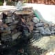 Frog water feature feeding birdbath sitting in wildlife pond.