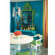 White to off-white furnitures with a blend of coral, green, and yellow adds character to a turquoise room.