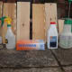 Materials and equipment to prepare wood for wood staining, diluted caustic soda and diluted white vinegar