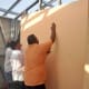 The interior walls are erected and fitted into place. The home has a large living room and two bedrooms measuring a total of about 400 sq ft.