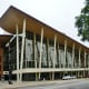 This shows the sculptures with more of the Hobby Center as a backdrop.