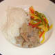 Turkey leg meat, rice noodles and sliced bell peppers