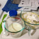 The ingredients: milk, flour, baking powder, and chicken bouillon cubes (with just a little hot water)