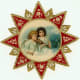 Two vintage Christmas angels in red and gold round frame