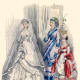 1869: Victorian bridal dress in white with attendants in blue and red