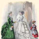 1869: Victorian bridal dress in white with bustle and attendant in green