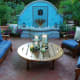 romantic blue water fountain, terracotta tile patio - ideal for a Mediterranean style garden