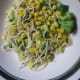 Broccoli and corn in buttered noodles