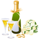 Champagne, flower bouquet and two gold wedding bands wedding clipart