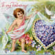 Cherub and dove with a heart made of flowers vintage Valentine's Day greeting card
