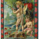 Two cherubs fishing for hearts in a stream vintage Valentine card