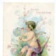 Cherub in a tree making heart-shaped bubbles vintage Valentine card