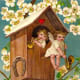 Two angels in a treehouse vintage Valentine card