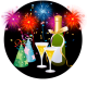 New Year's Eve champagne, glasses and fireworks in black circle