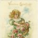 Cute kids: little girl with basket of pink flowers on a romantic card
