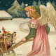 Free vintage Christmas angel card with wagon full of toys