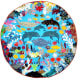 An unusual round arpillera of an aquarium scene.