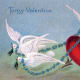 Victorian valentine card with two red hearts and three white doves