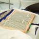 The Holy book of the Sikhs. The Rumala sahib is rolled over and tucked at the top when the Holy book is read.