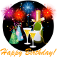 Birthday champagne, fireworks and party hats