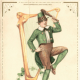 Saint Patricks Day cards: Irish lad dancing on shamrocks in front of a harp "St. Patrick's Day Greetings"