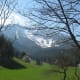 Pristine meadows below snow-capped mountains. Schneeberg in spring.