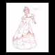 A design sketch of the dress. This shows the darker gold sash around the skirt as starting about in the middle of the dress, and gradually scalloping down to maybe 2 feet from the bottom. This sketch is also the only glimpse you'll get of Belle's s